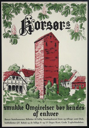a poster with a red tower
