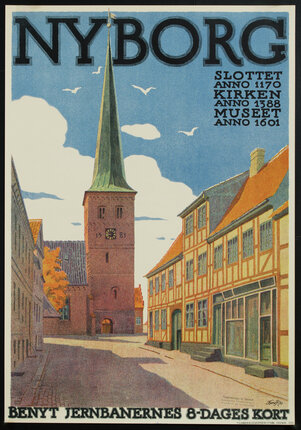 a poster of a building with a tower