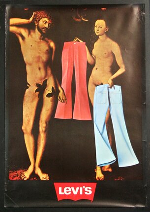 a poster of a man and woman holding pants