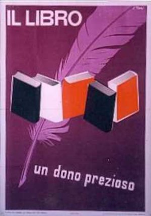 a poster with a feather and books
