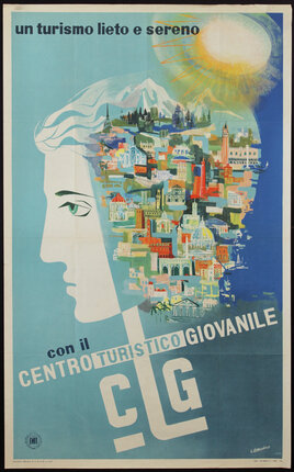 a poster of a man's head with a city in the background