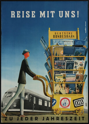 poster with a man walking pushing a yellow cart of magazines