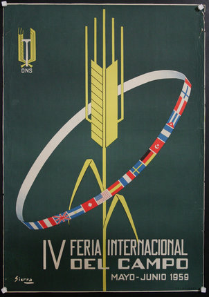 a poster with a gold spike and a circle of flags