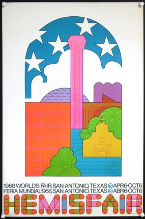 a colorful poster with a tower and buildings