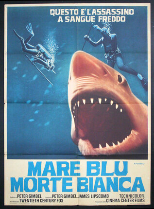 a poster of a shark and scuba diver