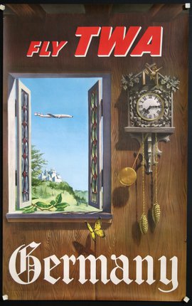 a clock and window with a plane flying in the sky