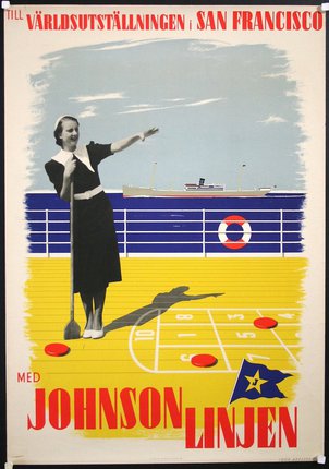 a woman holding a paddle in front of a game of shuffleboard