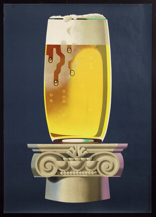 poster with an graphic illustration of a sweating glass of beer on a pedestal
