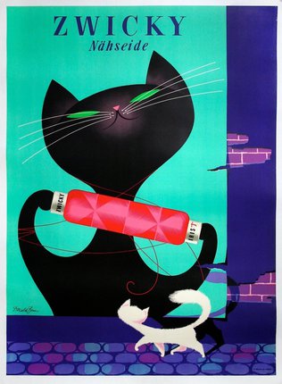 a poster of a cat holding a pink object