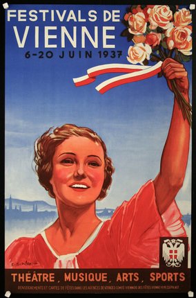 a woman holding flowers and a flag