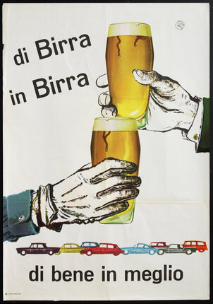 a close-up of two hands holding glasses of beer, with cars at the bottom 