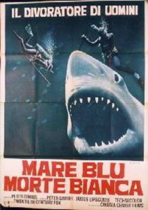 a poster of a shark and a diver