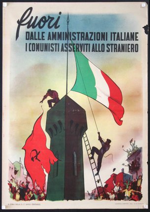 a poster with two men climbing a tower with a flag