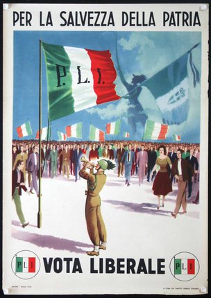 a poster of a soldier blowing a flag