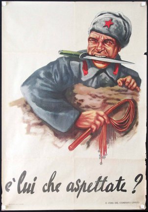 a poster of a man holding a whip and a knife