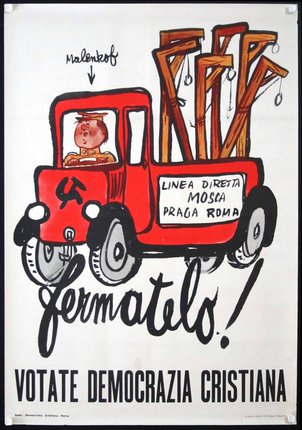 a poster of a red truck with a boy driving