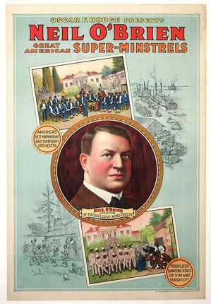 a poster with a man and a group of people