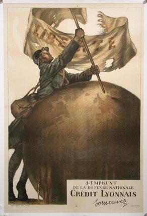 a man holding a flag on top of a globe