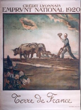 a poster with a man plowing a field with two cows