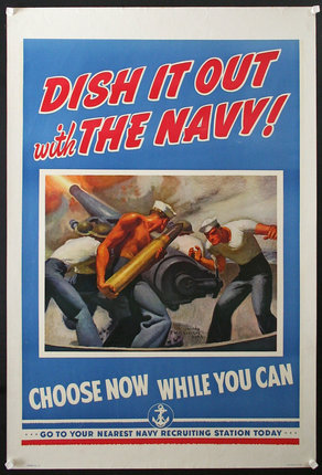 a poster of men in white caps and blue text