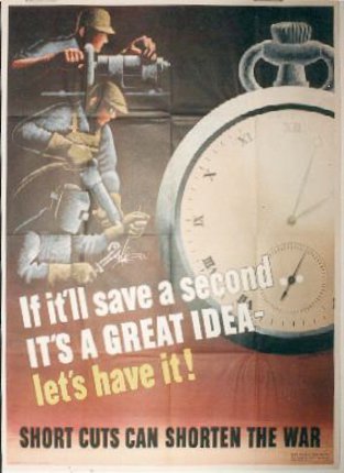 a poster with a clock and a man working