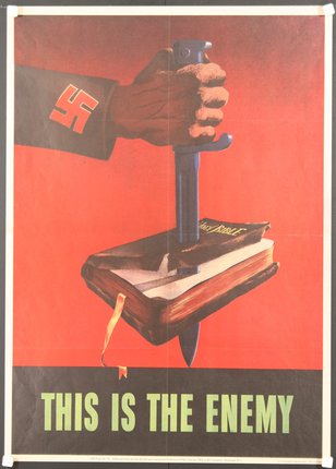 a poster with a hand holding a knife and a book