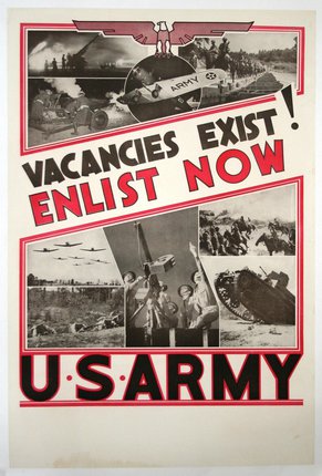 a poster with images of soldiers and airplanes