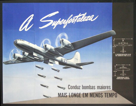 a poster of a plane flying over bombs