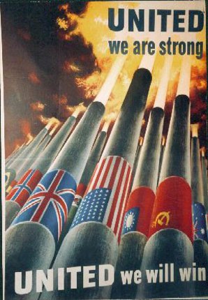 a poster with smoke stacks with flags