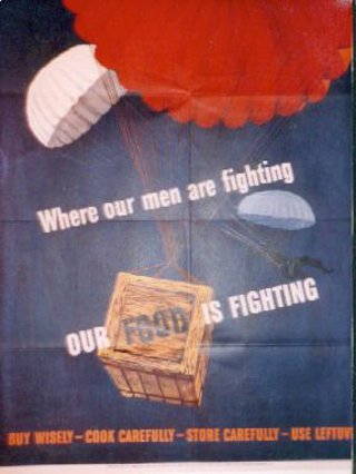 a poster of a red parachute with a basket in the air