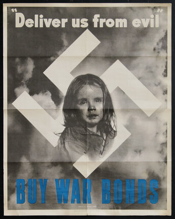 Poster with a black & white photo of the head and shoulders of a sad-looking young girl surrounded by smoke or clouds. The photo is centered on a white swastika. Text on poster is in white and blue.