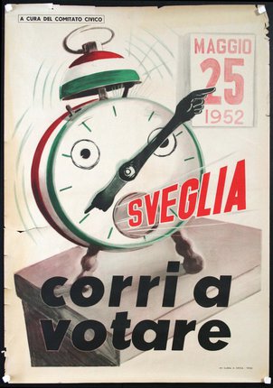 a poster with a clock and a bell