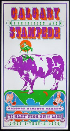 a poster with a cow and a man riding a horse