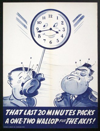 a poster with a clock and a man in uniform