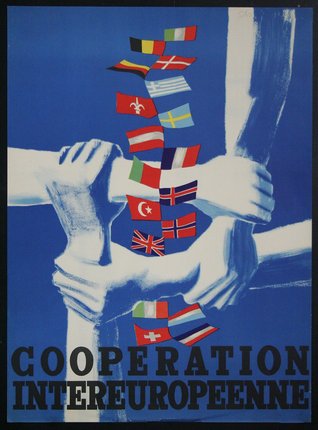 a poster with hands holding flags