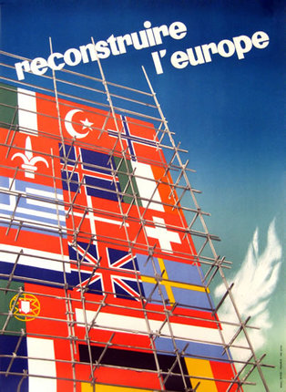 a poster with scaffolding around a flag