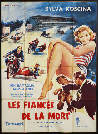 a movie poster with various vignette illustrations of a woman in a striped shirt sitting at a beach, a motorcycle sidecar race, and a man punching another man.