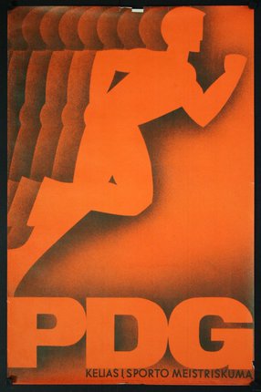 an orange poster with a person running