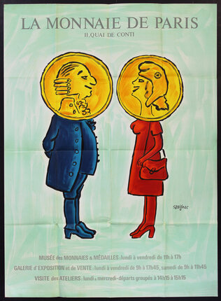 a poster of a man and woman with gold coins on their heads