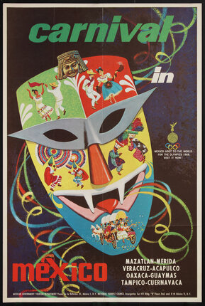 a colorful mask with many cultural vignettes of people celebrating on it.