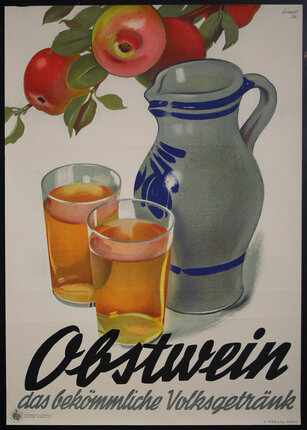 a poster with a pitcher and glasses of liquid