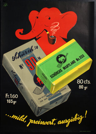an elephant with a pipe and a pack of cigarettes
