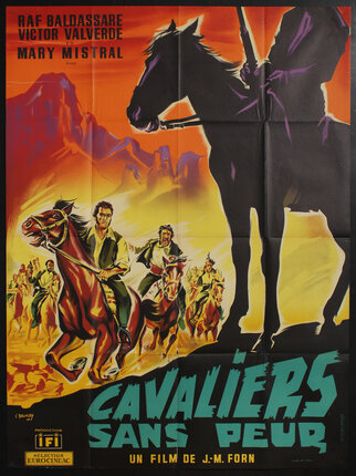a movie poster with the shadow of a man holding a rifle on a horse in the foreground and other horse riders in the distant plains