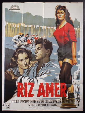 a movie poster with a man and woman embracing and a woman standing in a rice paddy field