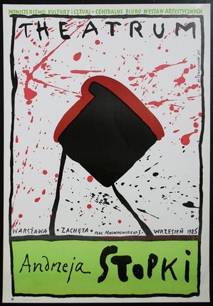a poster of a drum with red and black paint splatters