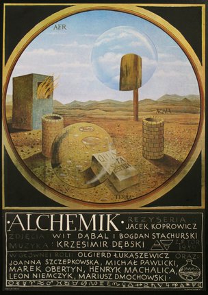 a poster with a painting of a desert landscape