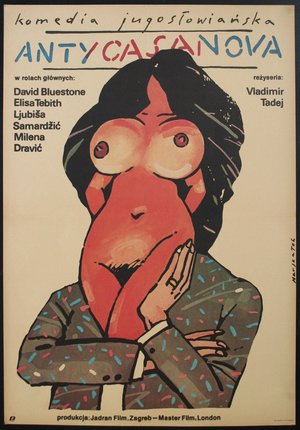 a poster of a woman with a red nose