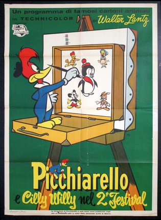 a poster of a cartoon character painting on a easel