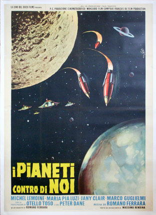 a poster of space with planets and rockets