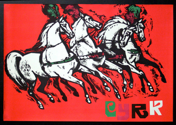 a red and black poster with white horses